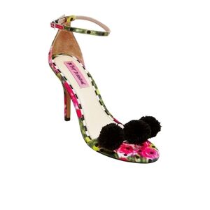 Betsey Johnson floral print heels black pom poms pink black green size 7B